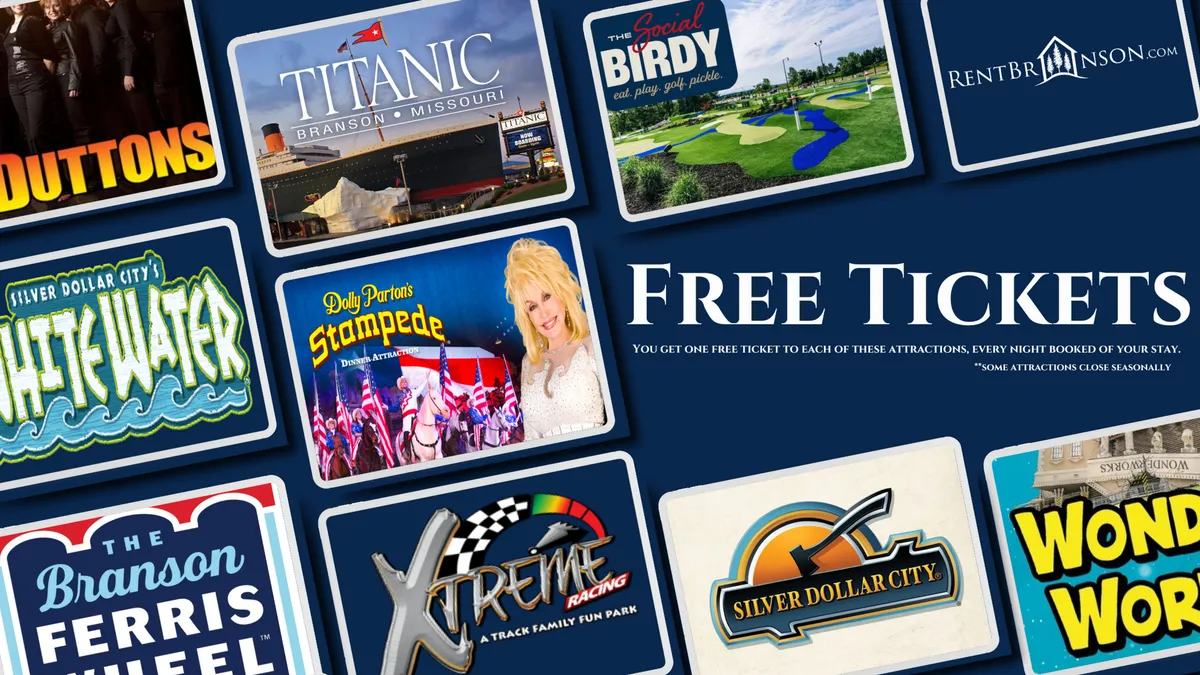 A lively visual collage of various Branson attraction logos, including Silver Dollar City, paired with a bold 'FREE TICKETS' message, sets an energetic and family-oriented tone.